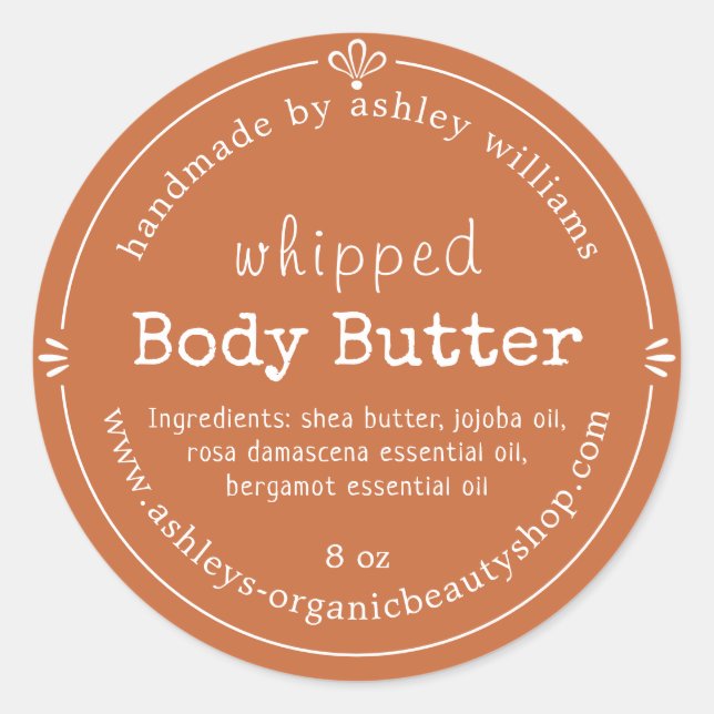 Pegatina Redonda Burnt Orange Script Handmade Body Butter Label (Anverso)