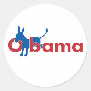 Pegatina Redonda Burro azul de Obama - esquema blanco