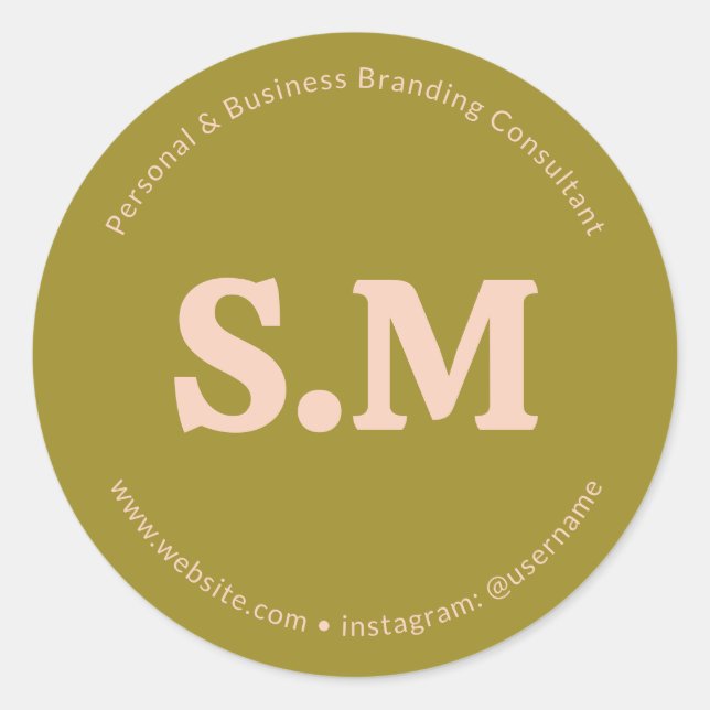Pegatina Redonda Business Retro Monogram Green Blush Pink (Anverso)