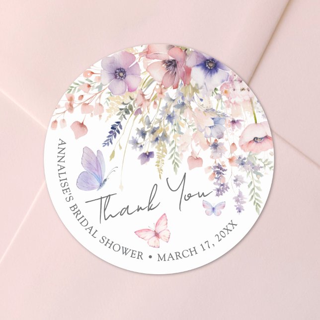 Pegatina Redonda Butfly Wildflower Bridal Shower Gracias (Butterfly Wildflower Bridal Shower Thank You Classic Round Sticker)