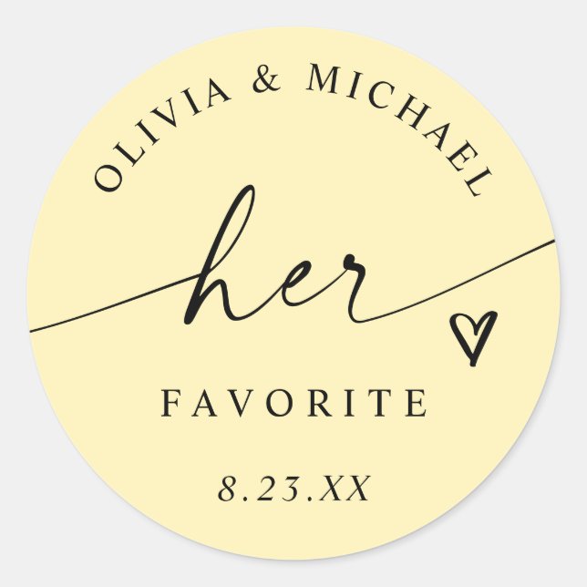 Pegatina Redonda Butter Yellow Her Favorite Wedding Treat Bag (Anverso)