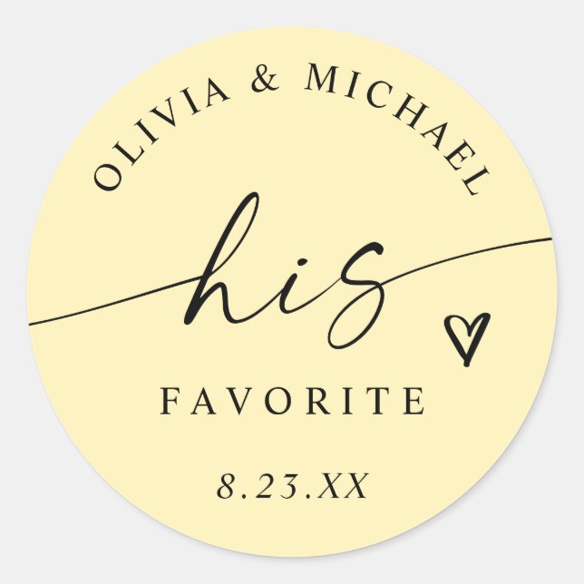 Pegatina Redonda Butter Yellow His Favorite Wedding Treat Bag (Anverso)