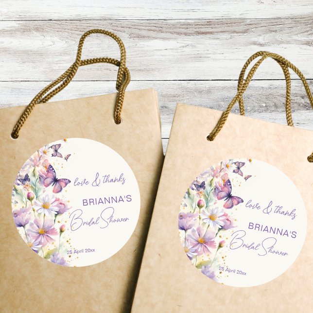 Pegatina Redonda Butterflies ducha de novia lavanda gracias favor (Butterflies bridal shower lavender purple pink thank you favor stickers spring enchanted garden)