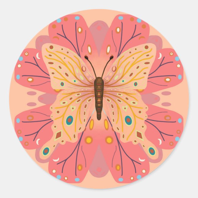 Pegatina Redonda Butterfly Birthday Peach and Pink (Anverso)