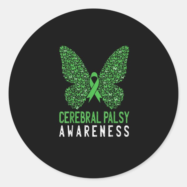 Pegatina Redonda Butterfly Cerebral Palsy Awareness Green Ribbon (Anverso)