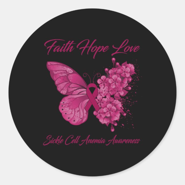 Pegatina Redonda Butterfly Faith Hope Love Sickle Cell Anemia Aware (Anverso)