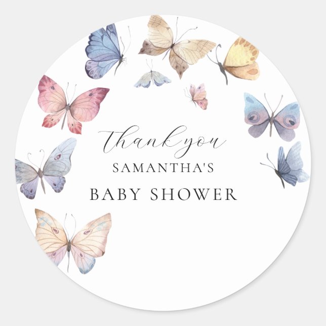 Pegatina Redonda Butterfly Girl Baby Shower Watercolor Invitation (Anverso)