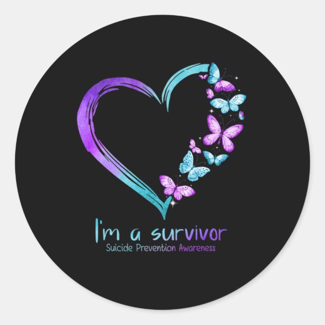 Pegatina Redonda Butterfly Heart Im A Survivor Suicide Prevention  (Anverso)