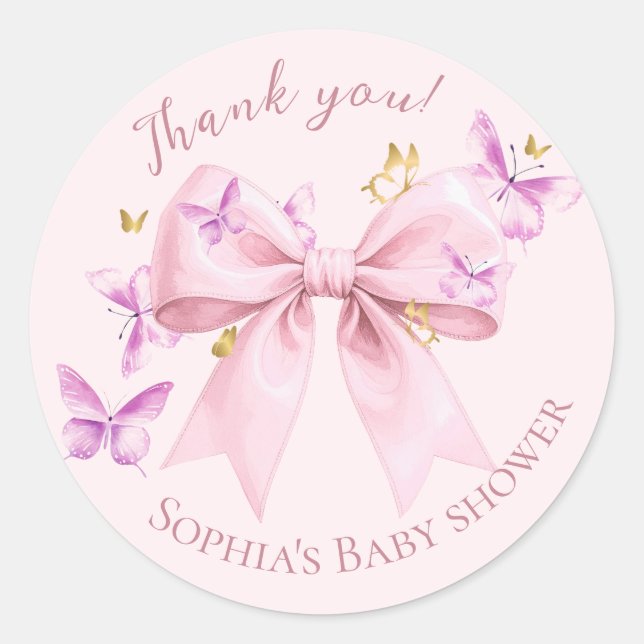 Pegatina Redonda Butterfly Pink Bow Baby Shower  (Anverso)