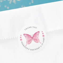 Pegatina Redonda Butterfly Pink Watercolor Birday Gracias