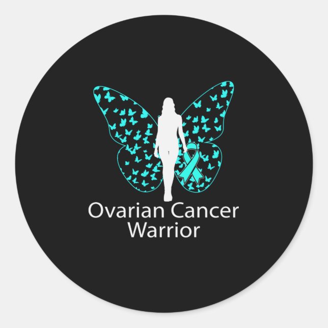 Pegatina Redonda Butterfly Teal Ribbon Ovarian Cancer Awareness (Anverso)