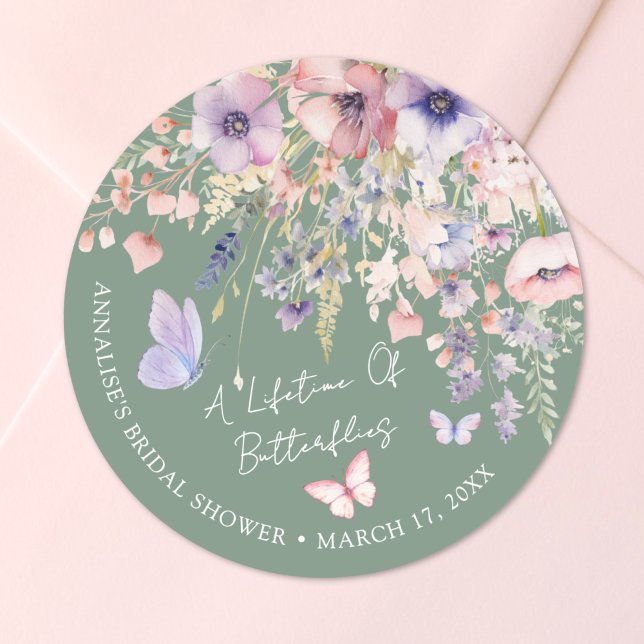 Pegatina Redonda Butterfly Wildflower Bridal Shower (Butterfly Wildflower Bridal Shower Classic Round Sticker )