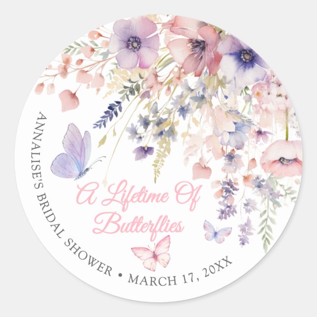 Pegatina Redonda Butterfly Wildflower Bridal Shower (Anverso)