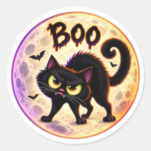 Pegatina Redonda ¡Buuu! Gato negro gruñón y Halloween de luna llena