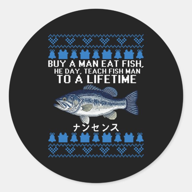 Pegatina Redonda Buy A Man Eat Fish Funny Ugly Christmas Sweaters L (Anverso)