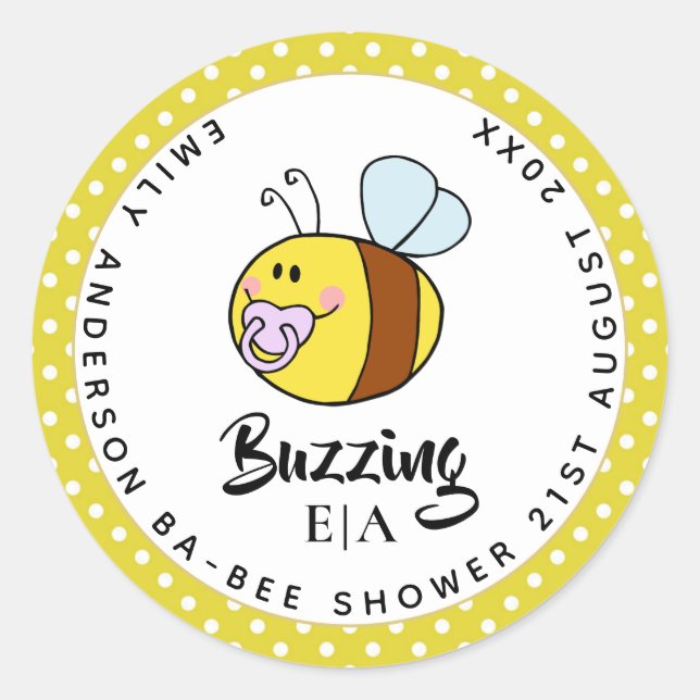 Pegatina Redonda Buzzing Ba-BEE Baby Shower Cute Gracias (Anverso)