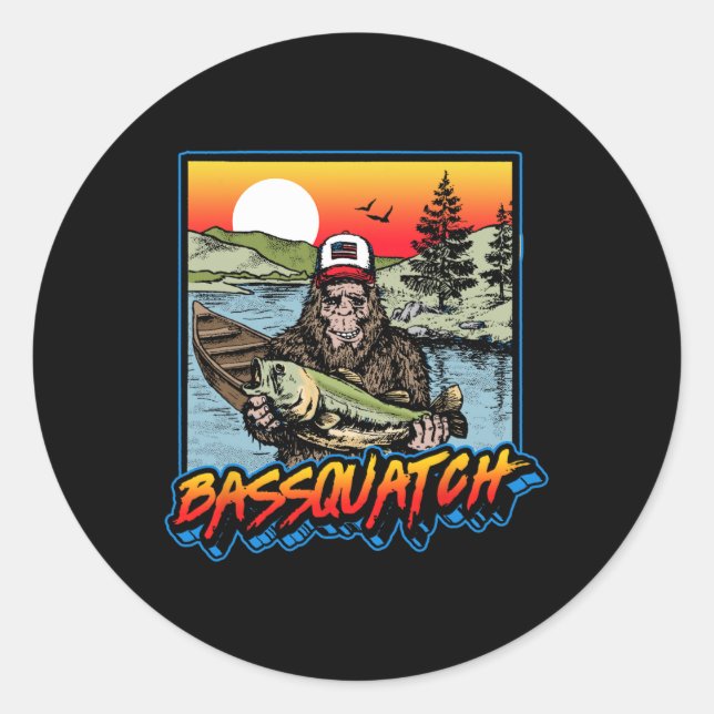 Pegatina Redonda Byssquatch! Divertido Byss Pesca Sasquatch Retro 8 (Anverso)