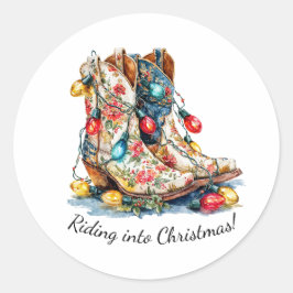Pegatina Redonda Cabalgando hacia la Navidad - Botas de Vaquero Fes