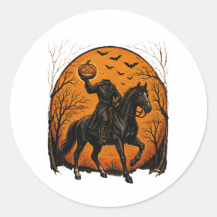Pegatina Redonda Caballero sin cabeza en caballo calabaza Halloween