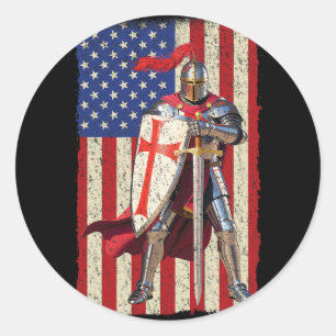 Pegatina Redonda Caballero Templario Cruzado Medieval Bandera Ameri