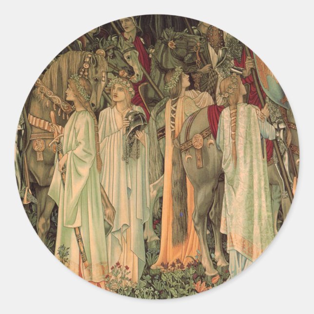 Pegatina Redonda Caballeros medievales de la Mesa Redonda (Anverso)