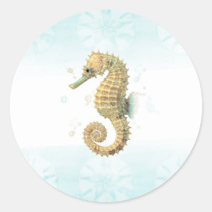 Pegatina Redonda Caballito de Mar Azul Turquesa y Dorado Acuarela C