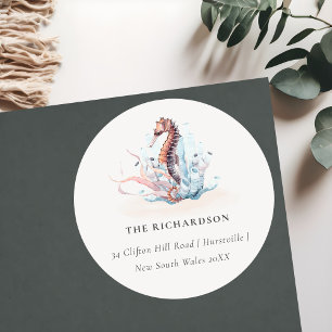 Pegatina Redonda Caballito de mar submarino Algas Coral Dirección