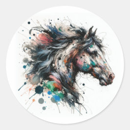 Pegatina Redonda Caballo acuarela