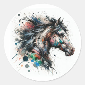 Pegatina Redonda Caballo acuarela
