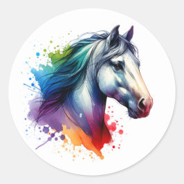 Pegatina Redonda Caballo acuarela arcoiris