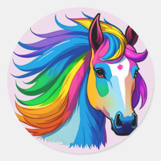 Pegatina Redonda Caballo arco iris