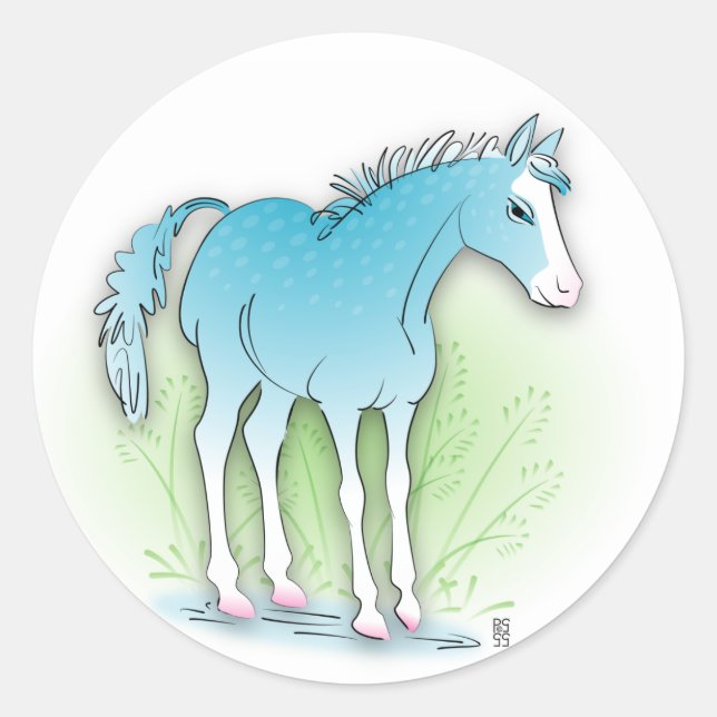 Pegatina Redonda caballo azul (Anverso)