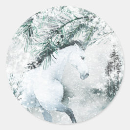 Pegatina Redonda Caballo blanco del bosque de Woodland Winstering
