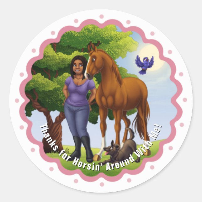 Pegatina Redonda Caballo castaño y niña (Anverso)