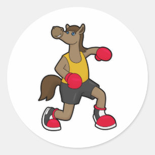 Pegatina Redonda Caballo como boxeador con guantes de boxeo