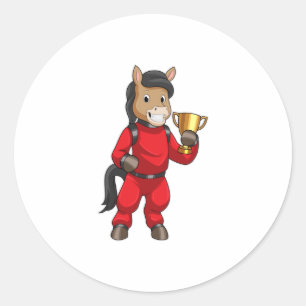 Pegatina Redonda Caballo como campeón con trofeo