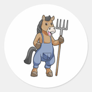 Pegatina Redonda Caballo como granjero con arroz