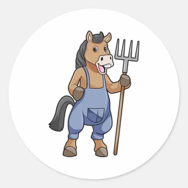 Pegatina Redonda Caballo como granjero con arroz (Anverso)