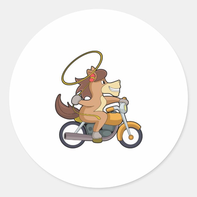 Pegatina Redonda Caballo como Vaquero con Lasso y Motocicleta (Anverso)