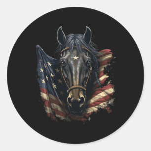 Pegatina Redonda Caballo Con Bandera De Eeuu Caballo De Caballo En
