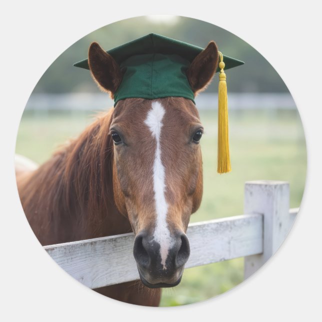 Pegatina Redonda Caballo con gorra de graduación verde (Anverso)