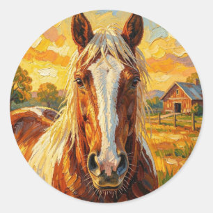 Pegatina Redonda Caballo con impasto en una granja