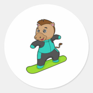 Pegatina Redonda Caballo con Snowboard