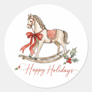 Pegatina Redonda Caballo de balancín de Navidad en acuarela