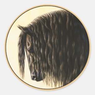 Pegatina Redonda Caballo de Borrador Friesiano Negro