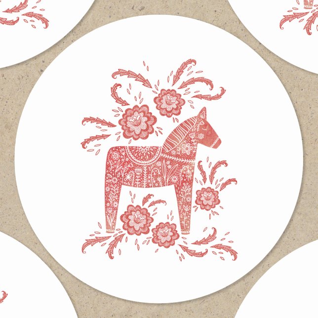 Pegatina Redonda Caballo de dala sueco rojo y blanco (Swedish Dala Horse folk art red and white stickers)