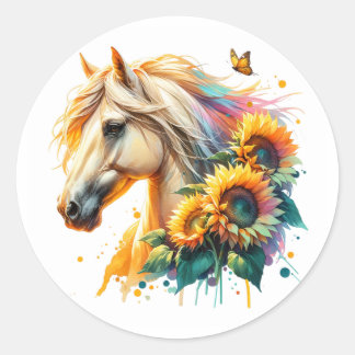Pegatina Redonda Caballo de girasol