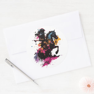 Pegatina Redonda Caballo de guerrero en acuarela