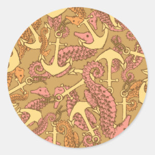 Pegatina Redonda Caballo De Mar Y Patrón De Ancla