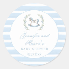 Pegatina Redonda Caballo de mecedor azul clásico boho bebé ducha